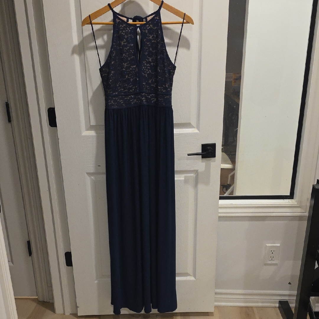 Laura Petite Navy Lace And Sequin Top Dress With Chiffon Lower